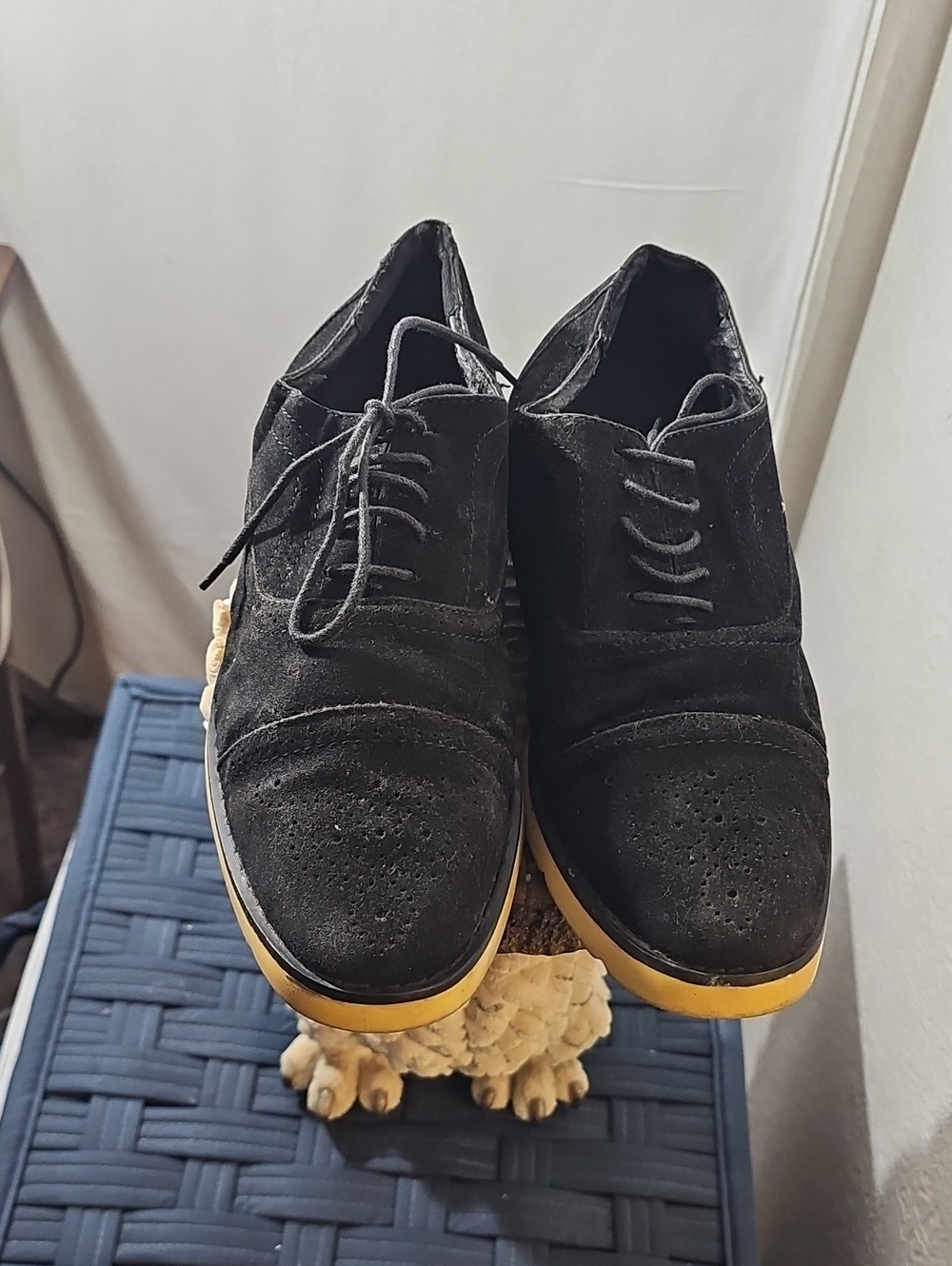 Men's Black Suede Lace-Up Dress Shoes with Yellow Sole